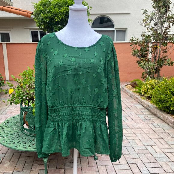 Torrid Green Star Semi-Sheer Long Sleeve Elastic Waist Blouse, Size 2X #274 - Picture 9 of 10